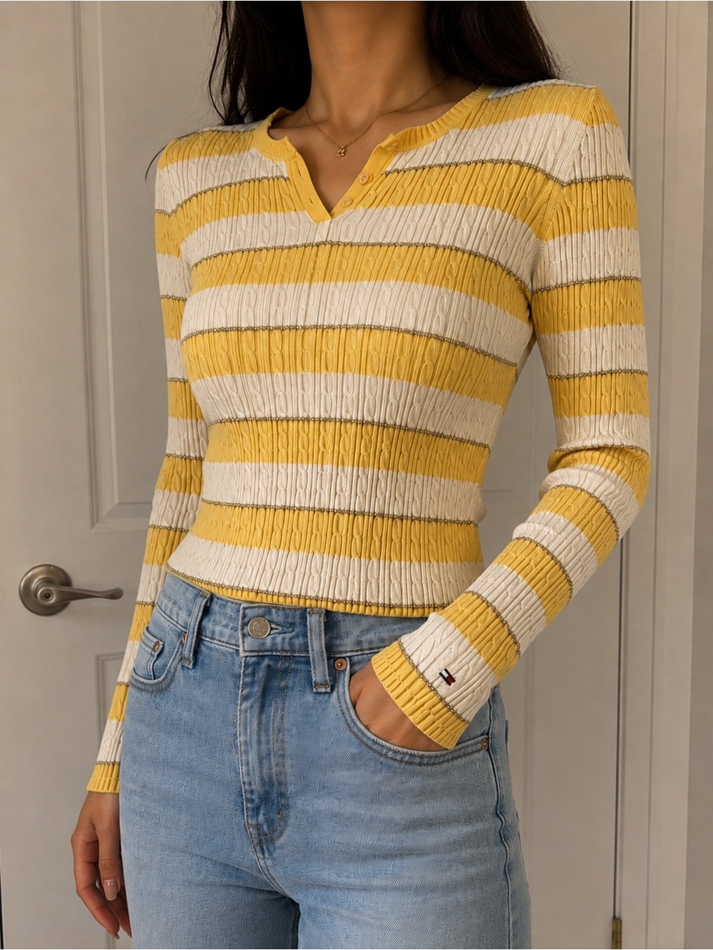 Tommy Hilfiger Yellow Cream Cable Knit Striped Sweater Size S